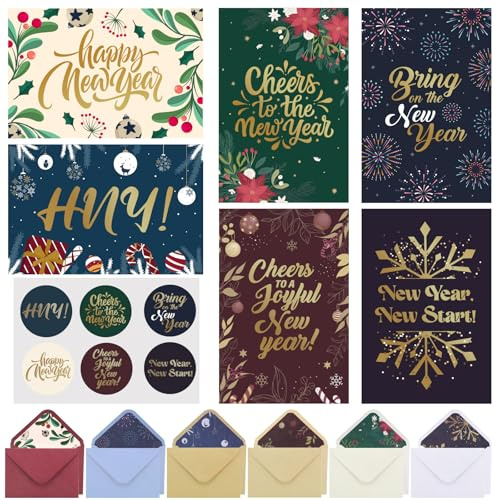 Thboxes New Year Cards with Envelopes, 36 Pack 4x6in Happy New Year Greeting Cards, Gold Foil Happy Holiday Card with Stickers, Christmas Card, 6 Assorted Design
