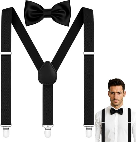 HcvGcm Hosenträger Und Fliege Set Herren, Schwarze Fliege Herren Mit Hosenträger Für Elegantes 1920er Outfit, Fliege Anzug Für Hochzeiten Und Partys
