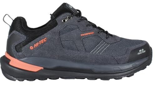 HI-TEC - Zapatillas Trekking Hombre Rodera Low WP | Zapatillas Montaña Hombre, Senderismo | Pies Secos con Membrana Impermeable, Tracción Óptima, Cómodas | Charcoal/Black/Orange Rust, 45