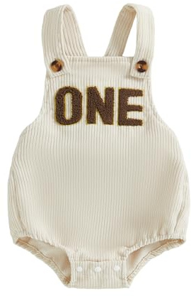 Qianderer Unisex Baby Boy First Birthday Outfit Sleeveless Corduroy Overalls Letter One Cake Smash Romper for 1st Birthday Party (Bb Beige One, 6-12 Months)
