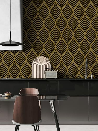 ICYEHAO Papier Peint Geometrique Noir et Or, 44.5 x 500 cm Papier Adhesif pour Meuble Noir et Or Papier Peint Rayure Papier Autocollant pour Meuble,Chambre,Salon,Salle de Bain,Cuisine,Toilette