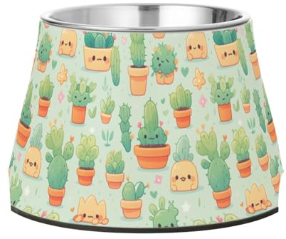 Cute Cactus Tropical Pets Water&Food Bowls Elevated Stainless Steel Cats Basic Bowls for Slow Feed Cats Whisker Fatigue