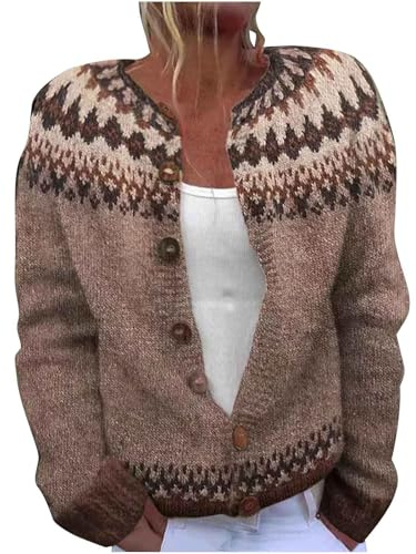 TURWXGSO Cardigans for Women UK Retro Ethnic Print Jumper Warm Casual Ladies Knitted Crew Neck Front Button Up Aran Cardigan Long Sleeve Lightweight Sweater Jackets Knitwear