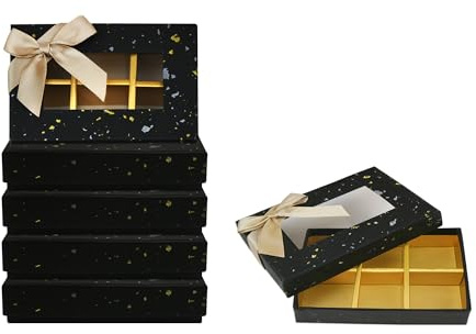 Emartbuy Förpackning med 6 lyxiga presentlådor med svart choklad med band och fönster – 6 fack – storlek 12,2 x 8,5 cm (4,8 x 3,35 tum)