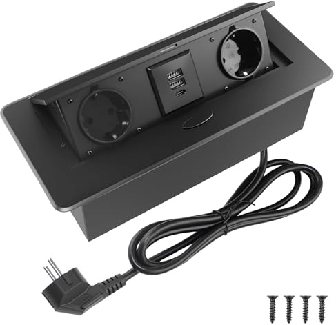 BlueXP Enchufe Empotrable de Aluminio Retráctil Negro 2 Tomas con USB-C PD 20W & 2 USB-A Cable Schuko 1,7 m Enchufe de Mesa Empotrable Ahorra Espacio para Cocina Oficina Hogar y Encimera