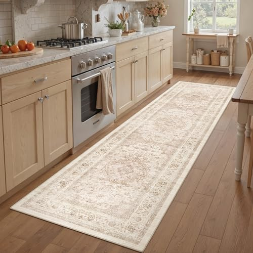PureCozy Runner Beige Rugs for Hallway 60x240cm Long Vintage Washable Area Rug Non Slip Soft Bobo Traditional Carpet for Kitchen Bedside Lounge Bedroom Office Corridor Porch Indoor