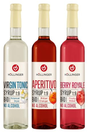Höllinger Sirop Bio Sans Alcool, Pack de 3 Saveurs (Berry Royale, Aperitivo, Virgin Tonic), 1:9, 3x500ml