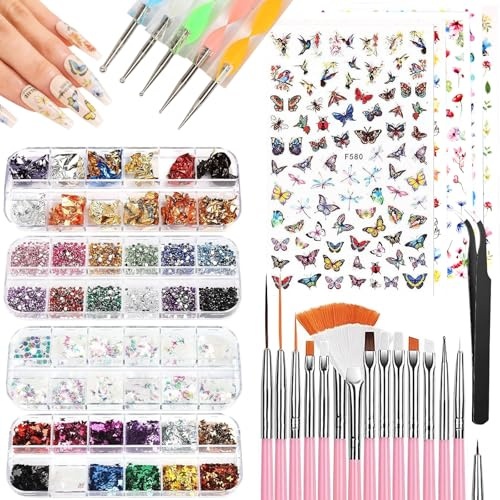 Gyism Gel Nail Art Kit Accessories, Nail Art Set Design, Nail Sets for Teenage Girls and Beginners, Nail Art Brushes Set with Nail Glitter, Nail Decorations for Nail Art, Nail Sequins (Rosa)