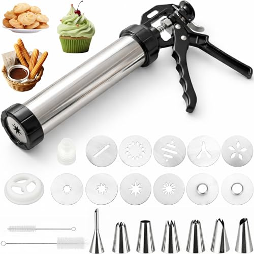 Gebäckpresse für Spritzgebäck - Edelstahl Spritzgebäck Presse, Churro Presse Maker Maschine, mit 10 Schablonen, 7 Edelstahl Tüllen, für Kuchen Dessert Maker Cookie Presse