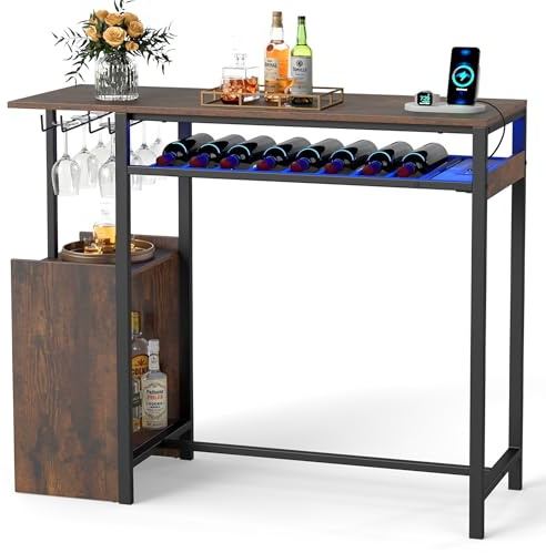 COSTWAY Tavolo da Bar con Luce Regolabile, Tavolino Alto con Stazione di Ricarica, Portabottiglie e Portabicchieri, Tavolino da Cucina per Soggiorno e Sala da Pranzo, 110 x 40 x 92 cm