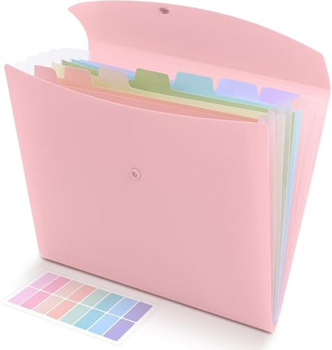 SKYDUE Dokumentenmappe A4, Erweiterbarer Fächermappe mit 8 Fächern, Document folder/Ordner/Aktenordner/Ordnungsmappe mit Farbigen Registerkarten Für Schule, Büro(Rosa)