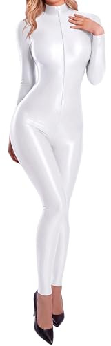 FEOYA Dam olja glänsande bodysuit onepiece jumpsuit wetlook catsuit dragkedja sportbody polotröja helkroppsdräkt body yoga långärmad jumpsuit M L, Vit, M