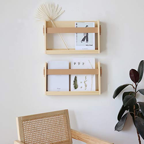 FIRADE - Revistero de pared con correa de piel sintética, revistero de madera, organizador de archivos para entrada, oficina, sala de estar, sala de espera, habitación de los niños, paquete de 2 (17.3