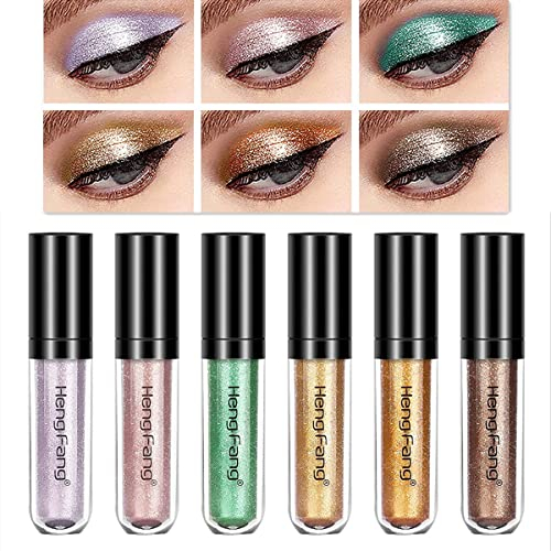 Juego de sombras de ojos líquidas de 6 colores, sombra de ojos con brillo de diamante metálico, kits de maquillaje de ojos de sombra de ojos brillantes a prueba de agua de larga duración (B)
