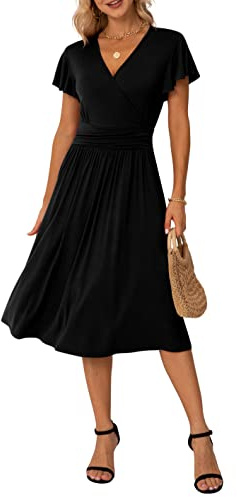 GRECERELLE Womens Summer Wrap Dress Ladies Casual Ruffle Short Sleeve V-Neck Floral Beach Dresses for Women (01 Black, L)