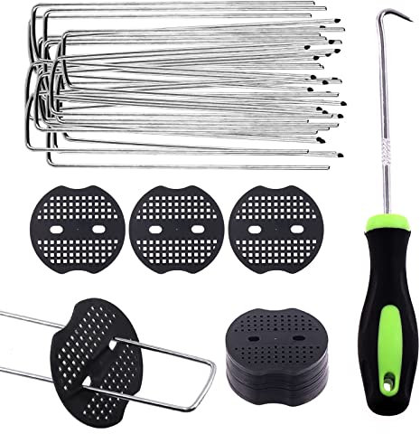 Swpeet 201Pcs Weed Membrane Pegs Kit, 100Pcs 6 Inch - 150mm 11 Gauge Galvanized Garden Stakes + 100Pcs Fixing Gaskets + 1Pc Pick Hook, Landscape Staples Galvanized Garden Pegs for Irrigation Hoses