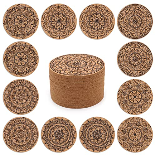STARUBY Set of 12 Indian Floral Pattern Cork Coasters - 10cm Round Drink Coaster for Dining Table, Bar, Coffee Bar Decoration and Gifts