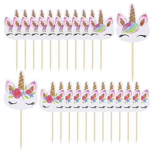Unicorn Cake Toppers,24 pcs Unicorn Cupcake Toppers Cake Decorations Double Side Birthday Cupcake Topper,for Girls Kids Women Baby Shower Unicorn Themed Party Supplies