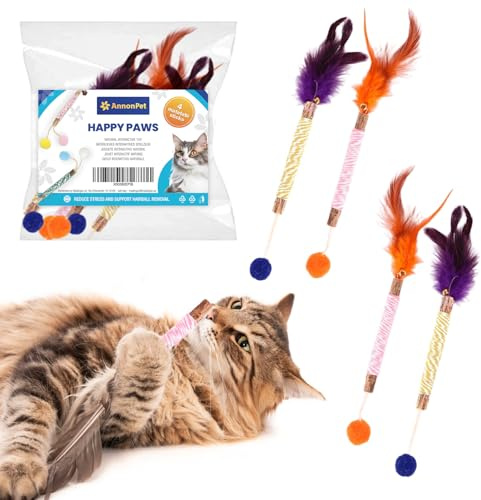 AnnonPet® Happy Paws Set di 4 Bastoncini Interattivi con Erba Gatta Naturale Giochi per Gatti con Piume e Pallina, Accessori Gatto per Divertimento e Relax Giocattolo Stimolante Gatti Adulti e Gattini