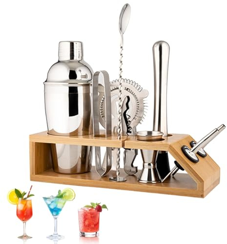 11 Pieces Cocktail Shakers Set, 750ml Stainless Steel Bartender Kit Barware Set with Wooden Stand, Bar Tool for Bartender Home Bar Gift Mens Christmas Birthday Anniversary Weeding Gift