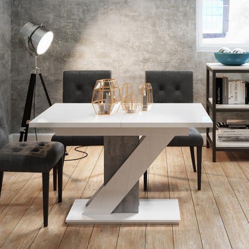 PHD FURNITURE Extendable Dining Table 120-160 cm, White Gloss & Concrete Effect | Modern 4-6 Seater Kitchen Table with Z-Shaped Pedestal Base | Easy to Clean, Space-Saving Dining Room Table