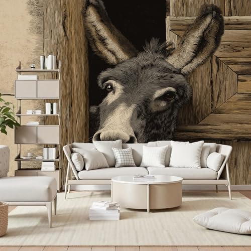 Gaqinhh Animaux Originaux Bois Vieilli Papier Peint Panoramique, Âne Animaux de Ferme Papier Peint Intissé, Tapisserie Murale Cuisine Salle de Bain, Décoration Murale Chambre, 150 x 105 cm