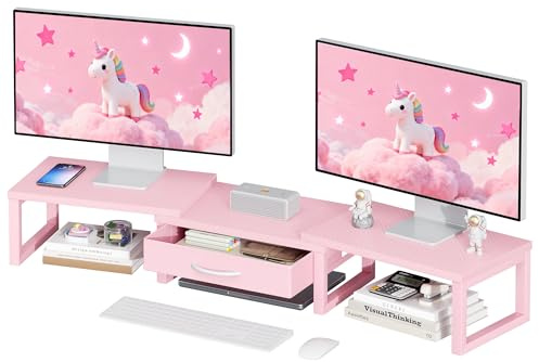 HEWORLIF Desk Organizers and Accessories, Dual Monitor Stand Riser with Drawer, Computer Monitor Stand, Adjustable Desk Shelf for PC Laptop Printer TV, Pink