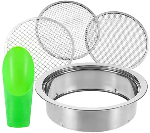 AwnsIMfreien Tamiz de Tierra, Tamiz de Jardín, Suelo de Acero Inoxidable con Pala de Plástico y Malla Intercambiable de 1, 3, 6, 9, 12 mm, de Tierra para Suciedad, Compost, para Jardinería