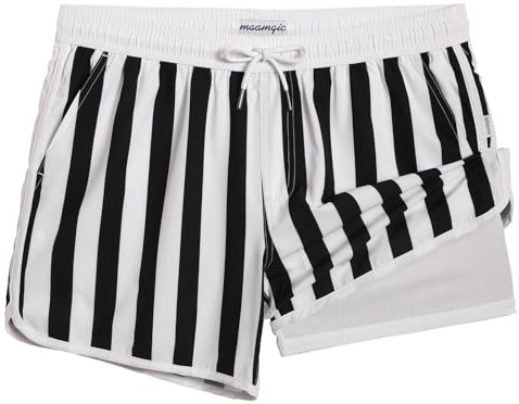 MaaMgic Costume da bagno corto da uomo, stile retrò, vintage, con compressione, pantaloni interni 2 in 1, ad asciugatura rapida, 4 vie, elastico e coulisse regolabile, Nero Bianco A Righe, L