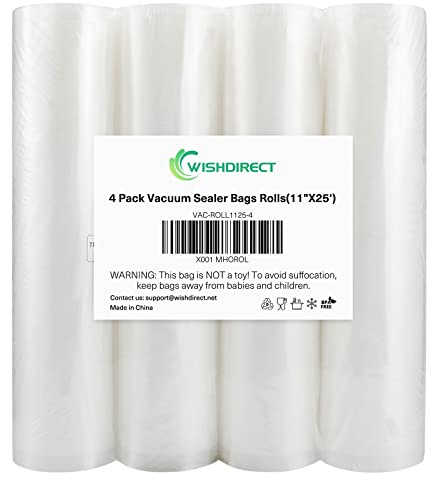 WishDirect Vacuum Sealer Bags Rolls Compatible with FoodSaver 4-Pack 11 x 25' Vacuum Seal Rolls Fit Inside Machine Double-Side Embossed BPA-Free Bags for Sous Vide or Food Storage (Total 100 Feet)