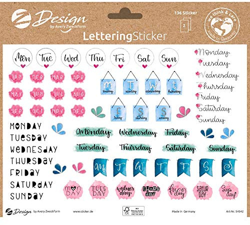 AVERY Zweckform Dekosticker 136 Aufkleber Wochentage und Monate (Sticker auf A5 Bogen, für Bullet Journal, Tagebuch, Familienkalender, Tagesplaner, Geschenke, Scrapbooking, mit Silbereffekt) 54542