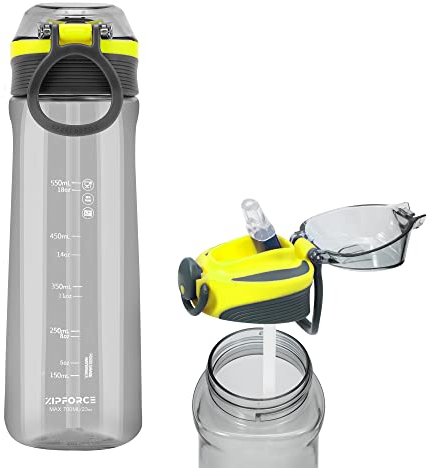 ZIPFORCE Best Sports Water Bottle - 23oz Tritain Water Bottle with Time Maker Leakproof Free Drinking water bottle BPA free for Fitness, Gym and Outdoor Sports (Gray)