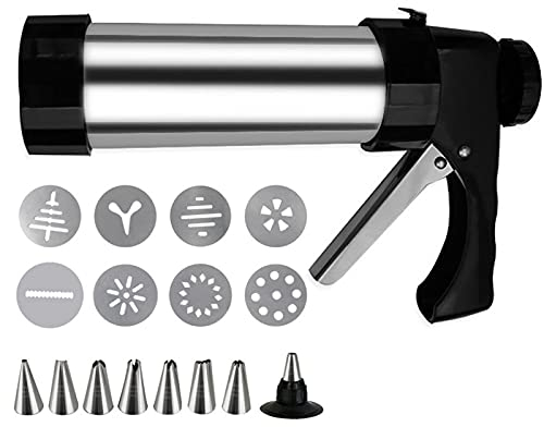 YOUGE Keks-Kekspresse/Icing-Dekorations-Edelstahl-Pistolen-Sets mit 8 Zuckerguss-Spitzen und 8 Ausstecher-Scheiben Ideal für DIY-Kuchen-Plätzchen-Dekoration (16 Stück)