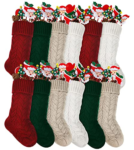 12 Stück Weihnachtsstrümpfe 37,8 cm Zopfmuster gestrickte Weihnachtsstrümpfe Weihnachtsstrümpfe hängende Weihnachtsstrümpfe für Weihnachten Kamin Büro Urlaub Dekoration (Weinrot, Weiß, Leinen,