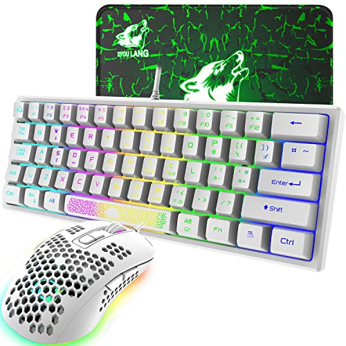 K61 UK Disposition RVB 60 % clavier de jeu filaire 62 touches Mini clavier portable 7 LED RVB rétroéclairé 19 touches Anti-ghosting + souris de jeu ultra légère 2400 DPI Coque nid d'abeille + tapis de