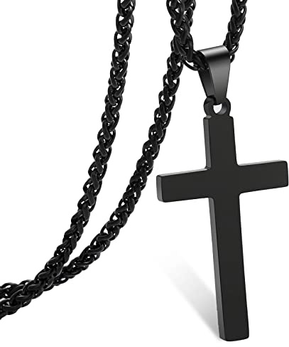 RS Black Cross Necklace for Men Boys Stainless Steel Pendant Chain Religious Christian Baptism Catholic Confirmation Jewelry Gifts Teen Teenage Son Him
