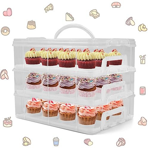 LEPump Cupcake-Träger, 3-stöckige Cupcake-Behälter, hält 36 Cupcakes oder 3 große Kuchen, Cupcake-Halter, Cupcake-Box mit Deckel und Griff (Weiß, Basic)