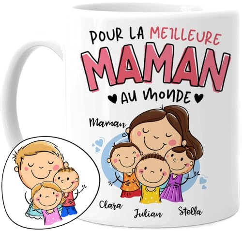 Cupdarling® Tasse Maman Personnalisée avec 1-3 Enfants - Cadeau Fête des Mères - Meilleure Maman au Monde - 330 mL Céramique