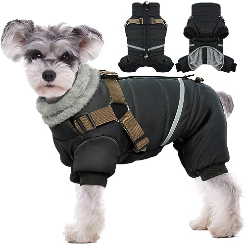 BRKURLEG Black Dog Coat with Harness, Dog Winter Jacket, Dogs Onesie Body Warm Jackets, Small Dogs Winter Coats Reflective Windproof Warm Cold Weather Coats, Pet Waterproof Jacket Hiking S