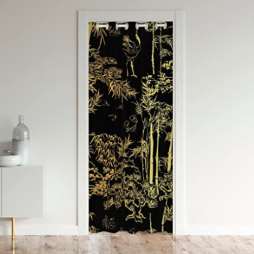 Loussiesd Tenda per porta in bambù, motivo botanico, per la privacy, per bambini, ragazzi e ragazze, pannello termico isolato nero dorato, divisorio, copertura per armadio, 86 x 203 cm