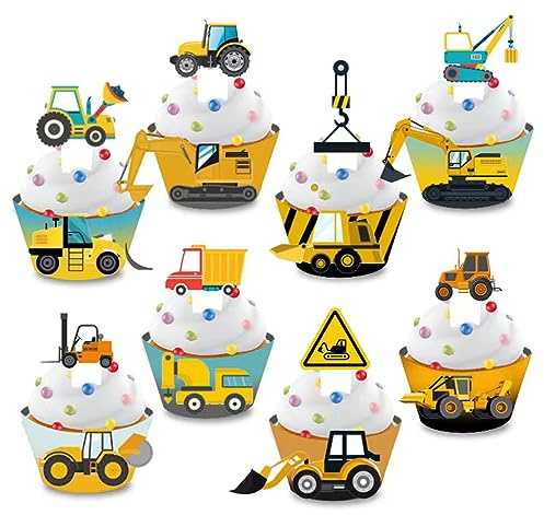 Guoguonb 64-piece Construction Vehicles Cupcake Toppers and Wrappers Tractors Excavators Decorations Architectural Theme Cake Decoration for Kids Party Birthday Decoration Boys Girls