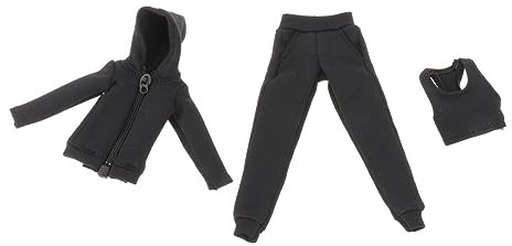 harayaa 3 Stück modische 1/12 Kapuzenpullover, Hosen und Weste, Miniatur-Kleidung, handgefertigte Puppenkleidung, Kostüm für 15,2 cm große Figuren, Schwarz