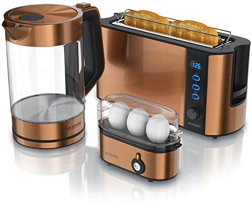 Ensembles Bouilloire et grille-pain et cuiseur à oeufs SET Bouilloire en inox 1,7 L 2200W Filtre Grille-pain 2 Tranches 6 niveaux de brunissage viennoiserie Cuiseur à oeufs 1-3 oeufs Verre doseur