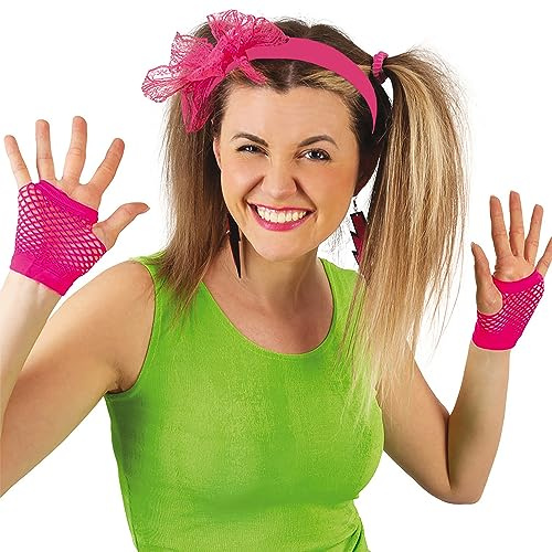 Krause & Sohn 80er Neon-Set 5-tlg. Haarreif Handschuhe & Ohrringe für Damen Kostüm-Zubehör Fasching 90er Mottoparty