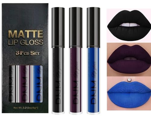 3Pcs Dark Black Blue Purple Matte Liquid Lipstick Sets - Goth Makeup - Long Lasting Matte Lipstick Lip Stain Lip Gloss Set - 24 Hour Waterproof Matt Lipsticks Set (07, 3PCS)