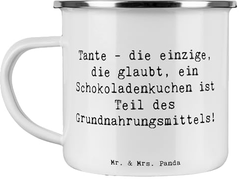 Mr. & Mrs. Panda Camping Emaille Tasse Spruch Tante Schokoladenkuchen - Geschenk, Humor, Handarbeit, Emaille Tassen, Edelstahl Trinkbecher,
