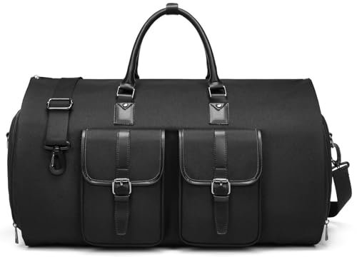 Kleidersäcke aus Leder für Reisen, wandelbare Handgepäcktasche für Herren, 2-in-1, wasserdicht, faltbar, Reisetasche mit Schultergurt, Wochenendtasche mit Schuhbeutel, Segeltuch, Schwarz, 22.8*12.9