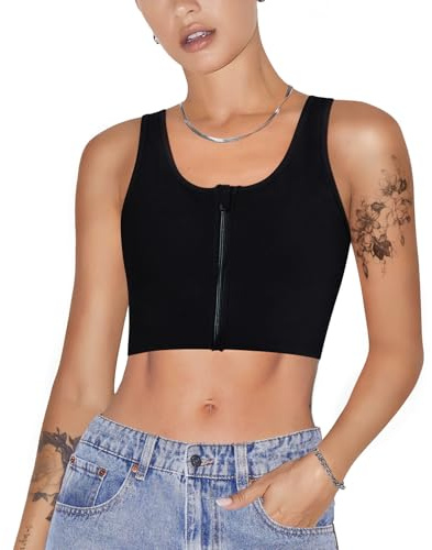 KUMAYES Damen Binder Trans Tomboy Transgender FTM Quadratischer Trans Binder Kragen mit Frontreißverschluss Kurzer Chest Binder BH Top für Damen (Schwarz-Reißverschlüsse, M)