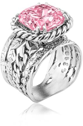 JEAN RACHEL JEWELRY Damenring aus 925er Sterlingsilber, Vintage-Design mit Flecht- und Blattmotiv sowie Zirkonia im Kissenschliff, hypoallergen, nickelfrei, bleifrei, handgefertigter Statement-Schmuck