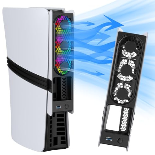 AriKroii Cooling Fan for PS5 Slim/PS5 Pro,Quiet Cooling Station with Auto Temperature Control and USB 3.0 Hubs,Auto Speed and RGB Light for PS5 Slim Disc and Digital Editions